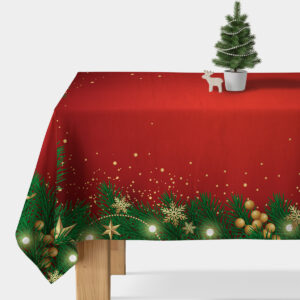 obrus świąteczny czerwony z zieloną girlandą, złotymi bombkami i śnieżnymi akcentami