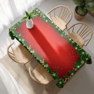 elegancki obrus świąteczny czerwony z zielonym i złotym wzorem