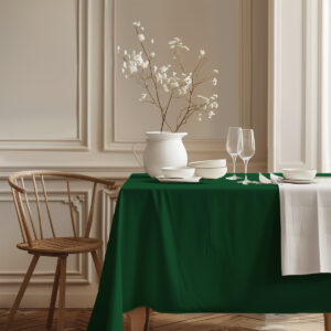 klasyczna dekoracja stołu – obrus świąteczny zielony