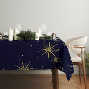 elegancki obrus bożonarodzeniowy granatowy ze złotym wzorem gwiazd