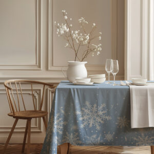 zimowy obrus z białymi śnieżynkami w skandynawskim stylu
