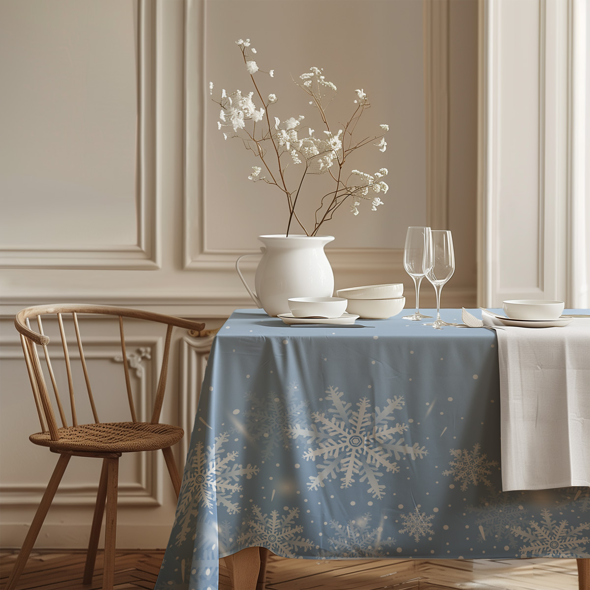 zimowy obrus z białymi śnieżynkami w skandynawskim stylu