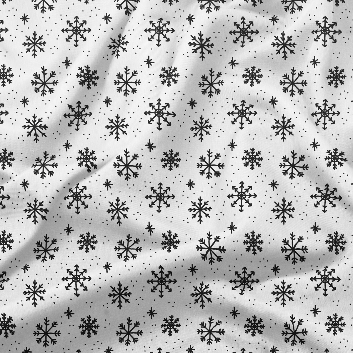 biały okrągły obrus na wymiar z czarnymi płatkami śniegu