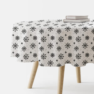 biały okrągły obrus na wymiar z czarnymi płatkami śniegu