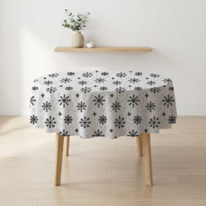 biały okrągły obrus na wymiar z czarnymi płatkami śniegu