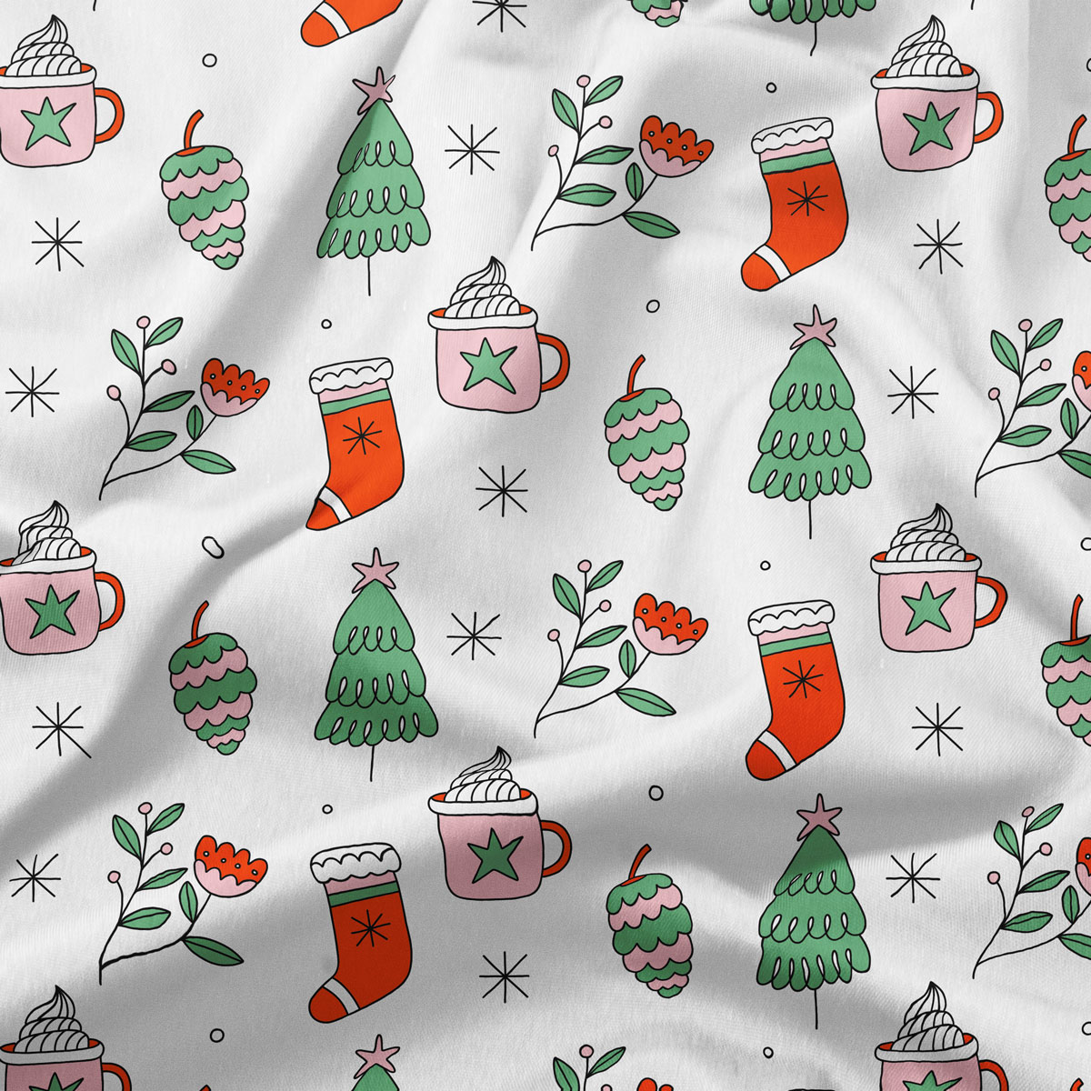 biały obrus świąteczny na wymiar z choinkami i zimowymi kubkami