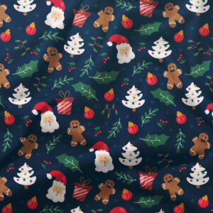 okrągły obrus świąteczny granatowy z Mikołajem i pierniczkami