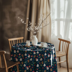 okrągły obrus świąteczny granatowy z Mikołajem i pierniczkami