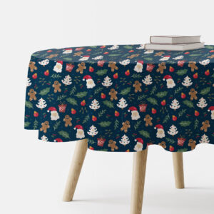 okrągły obrus świąteczny granatowy z Mikołajem i pierniczkami