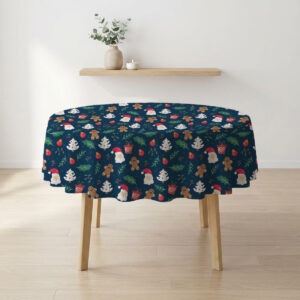 okrągły obrus świąteczny granatowy z Mikołajem i pierniczkami