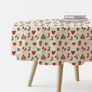 okrągły obrus świąteczny na okrągłym stole – kremowy zimowy wzór