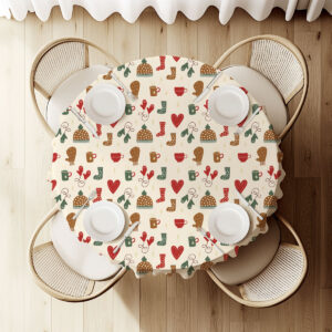 okrągły obrus świąteczny na okrągłym stole – kremowy zimowy wzór