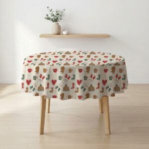 okrągły obrus świąteczny na okrągłym stole – kremowy zimowy wzór