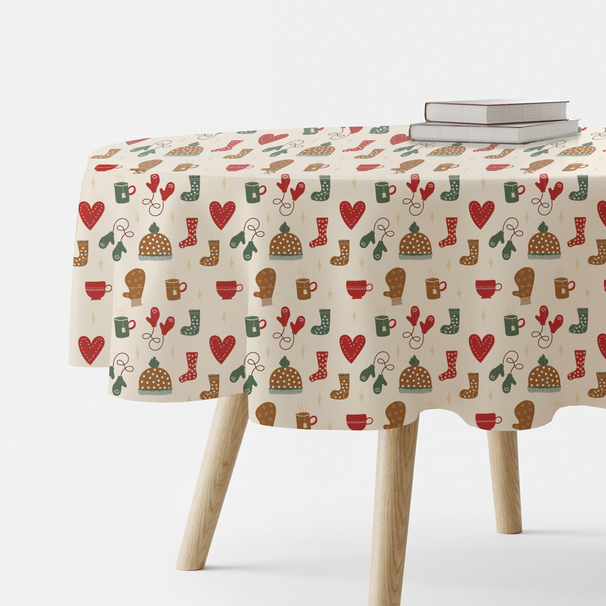 okrągły obrus świąteczny na okrągłym stole – kremowy zimowy wzór