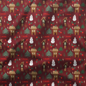 okrągły obrus świąteczny bordowy z zimowym wzorem na okrągłym stole