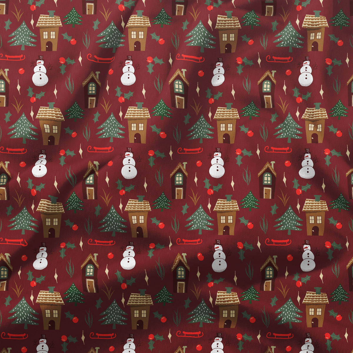 okrągły obrus świąteczny bordowy z zimowym wzorem na okrągłym stole