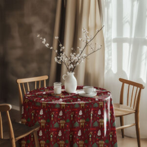 okrągły obrus świąteczny bordowy z zimowym wzorem na okrągłym stole