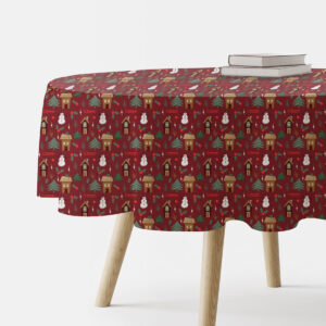 okrągły obrus świąteczny bordowy z zimowym wzorem na okrągłym stole