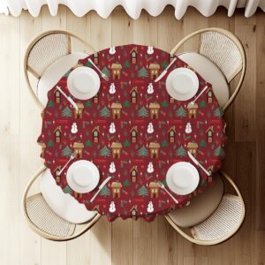 okrągły obrus świąteczny bordowy z zimowym wzorem na okrągłym stole