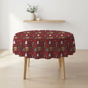 okrągły obrus świąteczny bordowy z zimowym wzorem na okrągłym stole