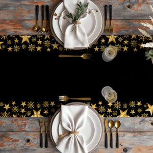 elegancka dekoracja stołu – czarny bieżnik ze złotym wzorem