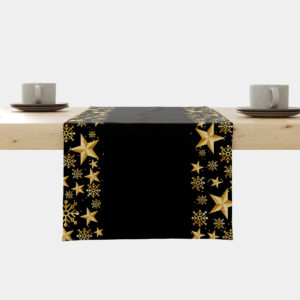 czarny bieżnik świąteczny ze złotymi gwiazdkami i śnieżynkami
