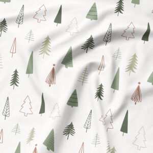 tkanina z motywem choinek w odcieniach zieleni i beżu – zbliżenie