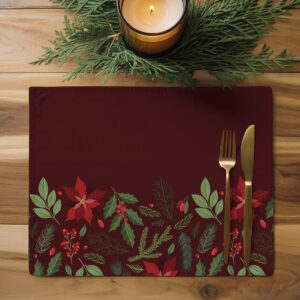 dekoracyjna podkładka na stół z zielonymi gałązkami i czerwonymi jagodami