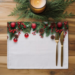 podkładka z gałązkami świerku i czerwonymi ozdobami