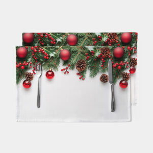 świąteczna podkładka stołowa z gałązkami i czerwonymi bombkami