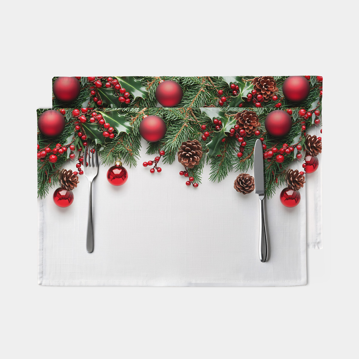świąteczna podkładka stołowa z gałązkami i czerwonymi bombkami