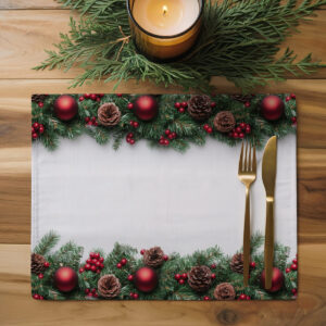 podkładka świąteczna z czerwonymi bombkami i szyszkami na białym tle