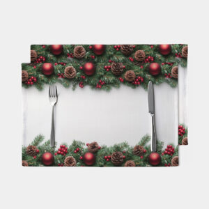 podkładka świąteczna biała z szyszkami i czerwonymi bombkami