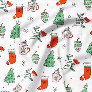 tkanina z zimowym motywem choinek i skarpet