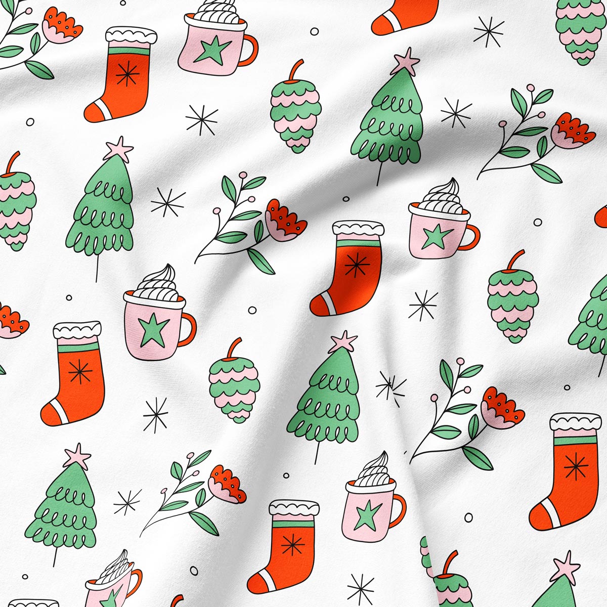 tkanina z zimowym motywem choinek i skarpet