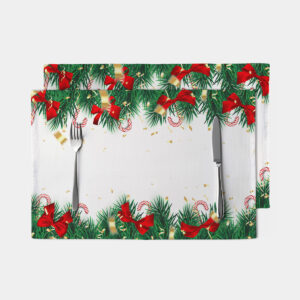 świąteczna podkładka na stół z zielonymi gałązkami i czerwonymi kokardami