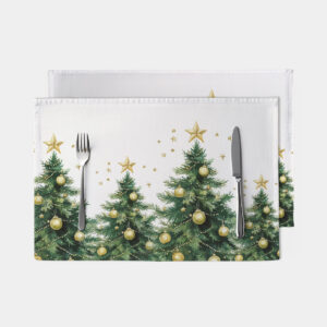 świąteczna podkładka na stół z choinkami i złotymi bombkami