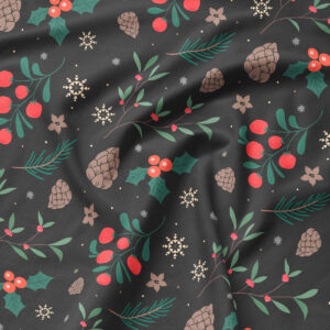 tkanina z zimowym wzorem szyszek i gałązek