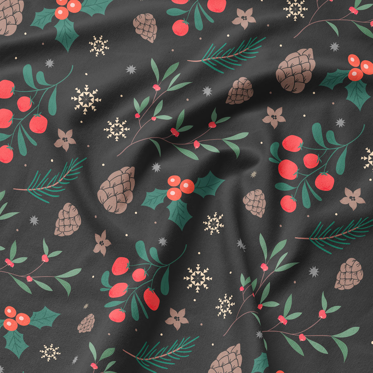 tkanina z zimowym wzorem szyszek i gałązek