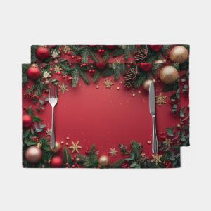 świąteczna podkładka czerwona z bombkami i gałązkami