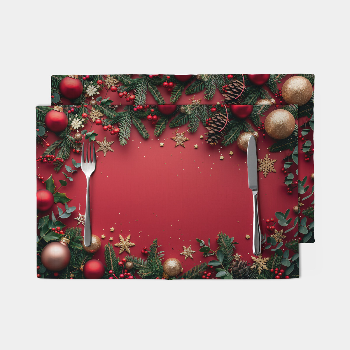 świąteczna podkładka czerwona z bombkami i gałązkami