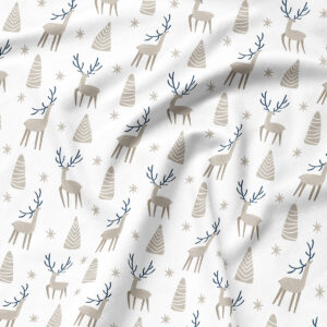Tkanina z beżowym wzorem reniferów – zbliżenie