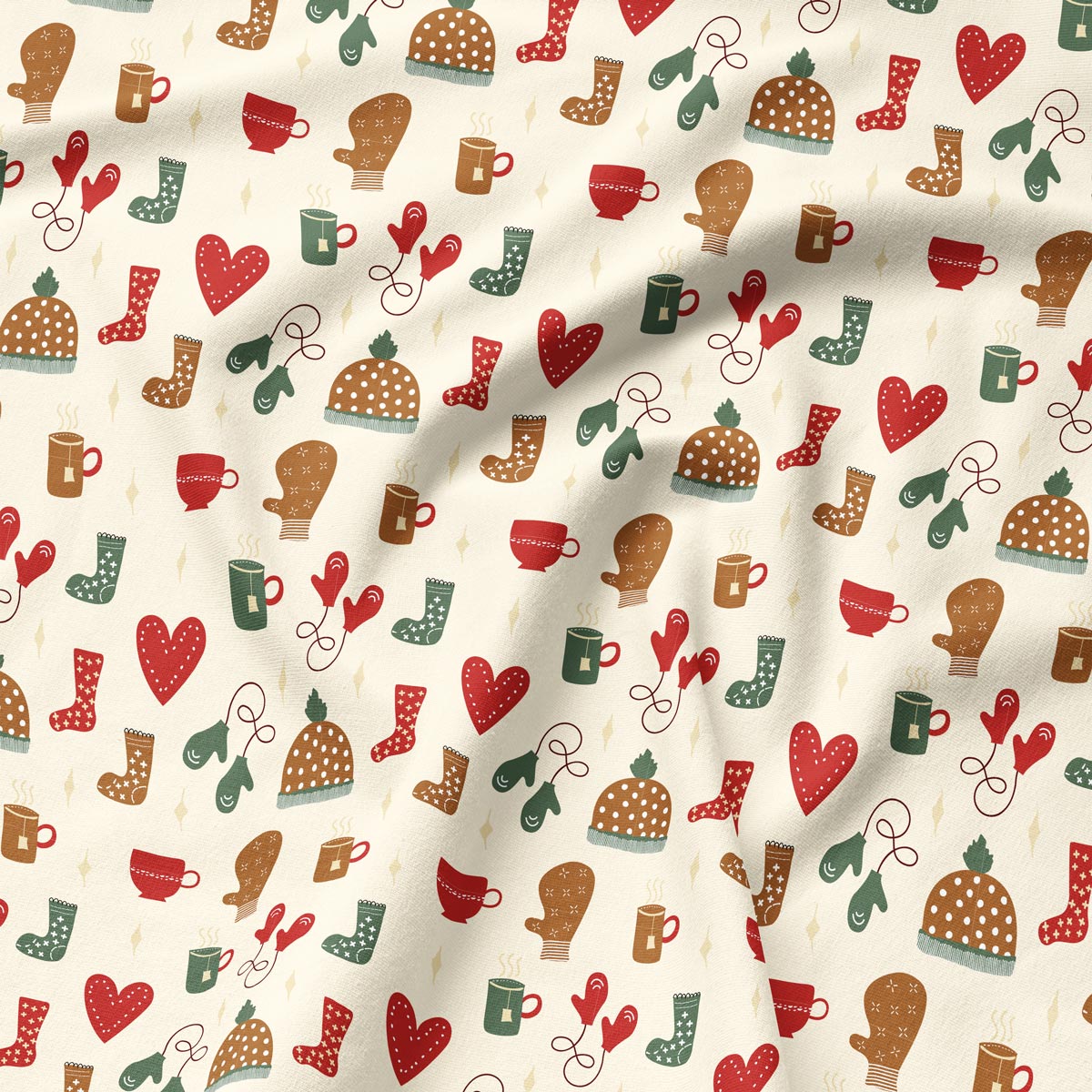 kremowe świąteczne podkładki w stylu skandynawskim z serduszkami i czapkami