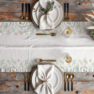 dekoracja stołu z białym świątecznym bieżnikiem w gałązki