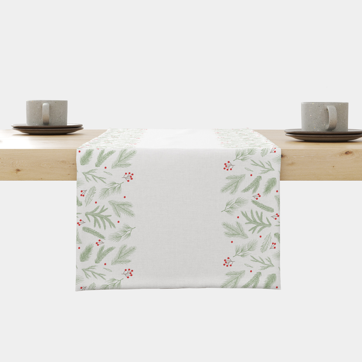 bieżnik świąteczny biały z motywem gałązek i czerwonych jagód