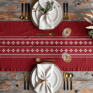 bieżnik na stół bordo z białym wzorem zimowym