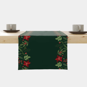 świąteczny bieżnik w butelkowej zieleni z gwiazdą betlejemską i ostrokrzewem