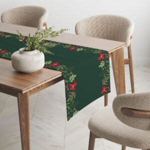 bieżnik świąteczny butelkowa zieleń z wzorem gałązek i ostrokrzewu