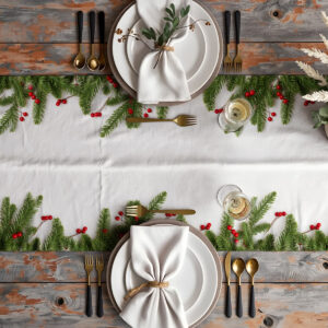 dekoracja stołu z białym bieżnikiem świątecznym i gałązkami świerkowymi