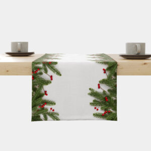 świąteczny bieżnik biały z gałązkami świerku i czerwonymi jagodami